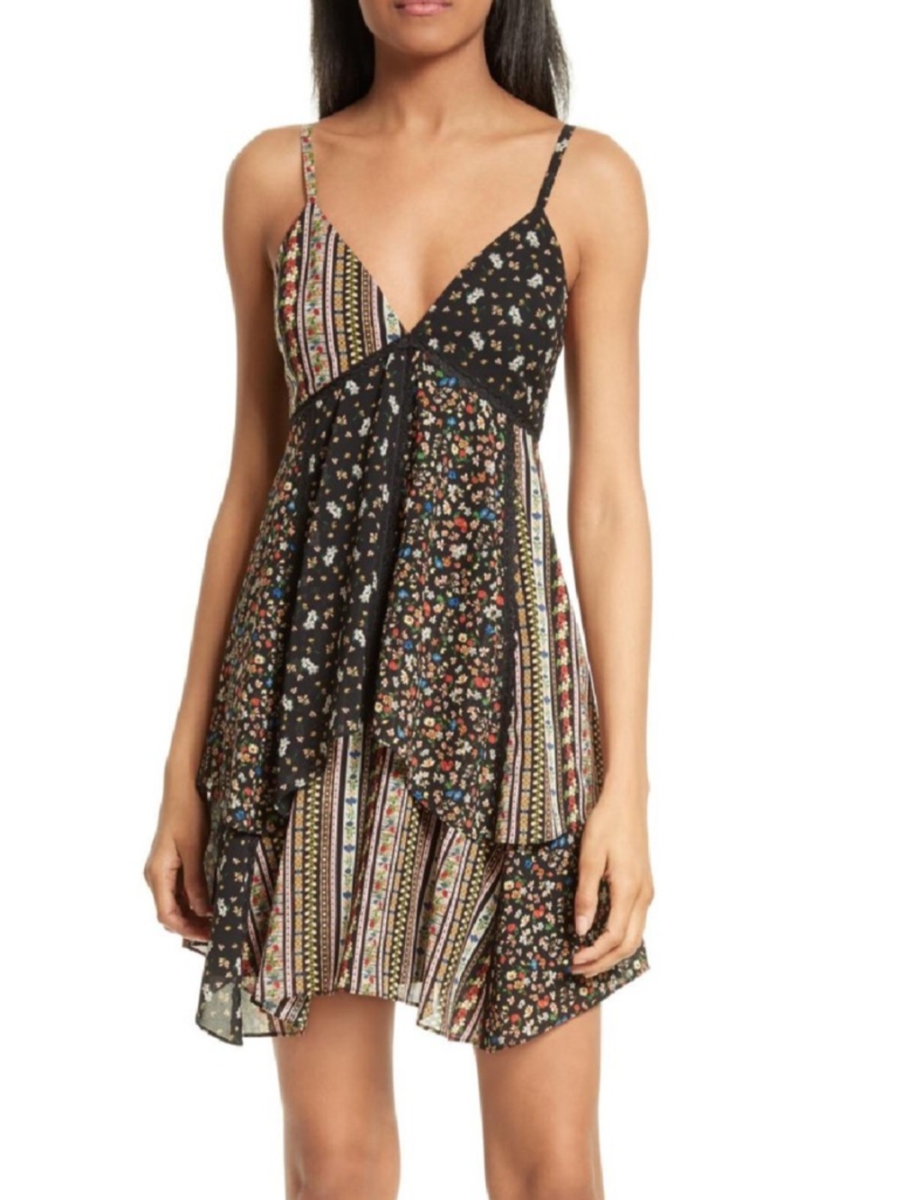 Floral Mix-Print V-Neck Spaghetti Strap Sundress - Black size XS